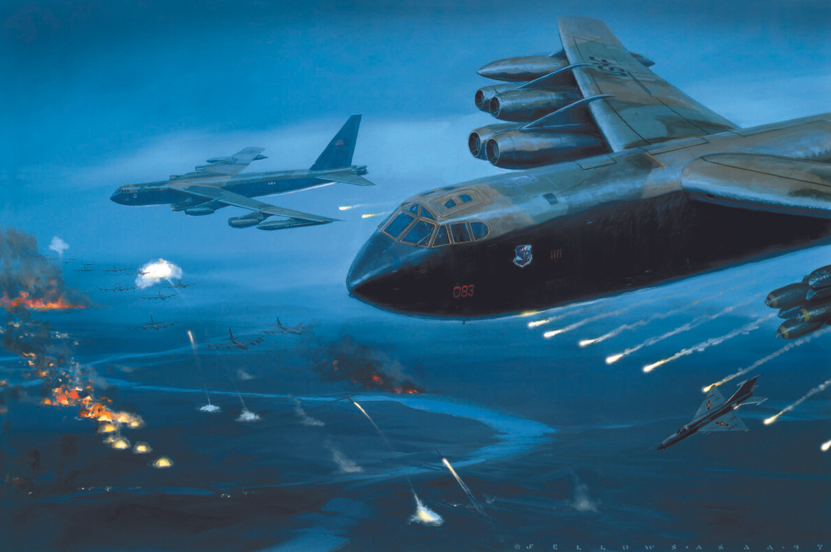 Trong bức tranh "Đường cao tốc đến Hà Nội" của họa sĩ Jack Fellows, máy bay B-52 không kích ban đêm trong chiến dịch "Linebacker II", bên dưới là lưới lửa phòng không của miền Bắc Việt Nam. Tranh: Jack Fellows/ASAA.