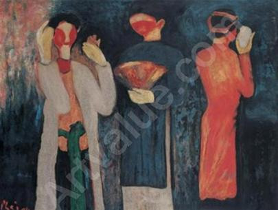 Tranh thật (trên) của họa sĩ Bùi Xuân Phái tại Bảo tàng Mỹ thuật Việt Nam Ảnh: Uyên Ly Tranh giả (dưới) chép lại từ bức Trước giờ biểu diễn được chuyển sang sơn mài, đường nét cứng và vụng về, người đàn ông ở giữa nổi bật lên chứ không chìm xuống như trong tranh thật - Nguồn: Artvalue.com Tranh giả (trên) Cảnh phố Nguyên Bình, nếu nhìn kỹ sẽ thấy đường nét của những ngọn núi phía sau sắc nhọn hơn so với tranh thật (trái)-Nguồn: Artvalue.com Tranh thật Cảnh phố Nguyên Bình của Bùi Xuân Phái hiện đang được treo tại Bảo tàng Mỹ thuật Việt Nam (phải)- Ảnh: Uyên Ly