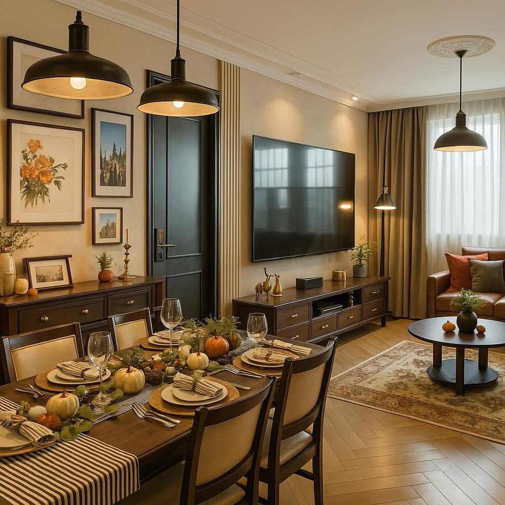 Không gian sinh hoạt chung ấm cúng với bàn ăn được bài trí tinh tế theo mùa, kết hợp cùng nội thất gỗ tối màu và ánh đèn vàng dịu nhẹ, mang lại cảm giác sang trọng và ấm áp. Không gian sinh hoạt chung ấm cúng với bàn ăn được bài trí tinh tế theo mùa, kết hợp cùng nội thất gỗ tối màu và ánh đèn vàng dịu nhẹ, mang lại cảm giác sang trọng và ấm áp.