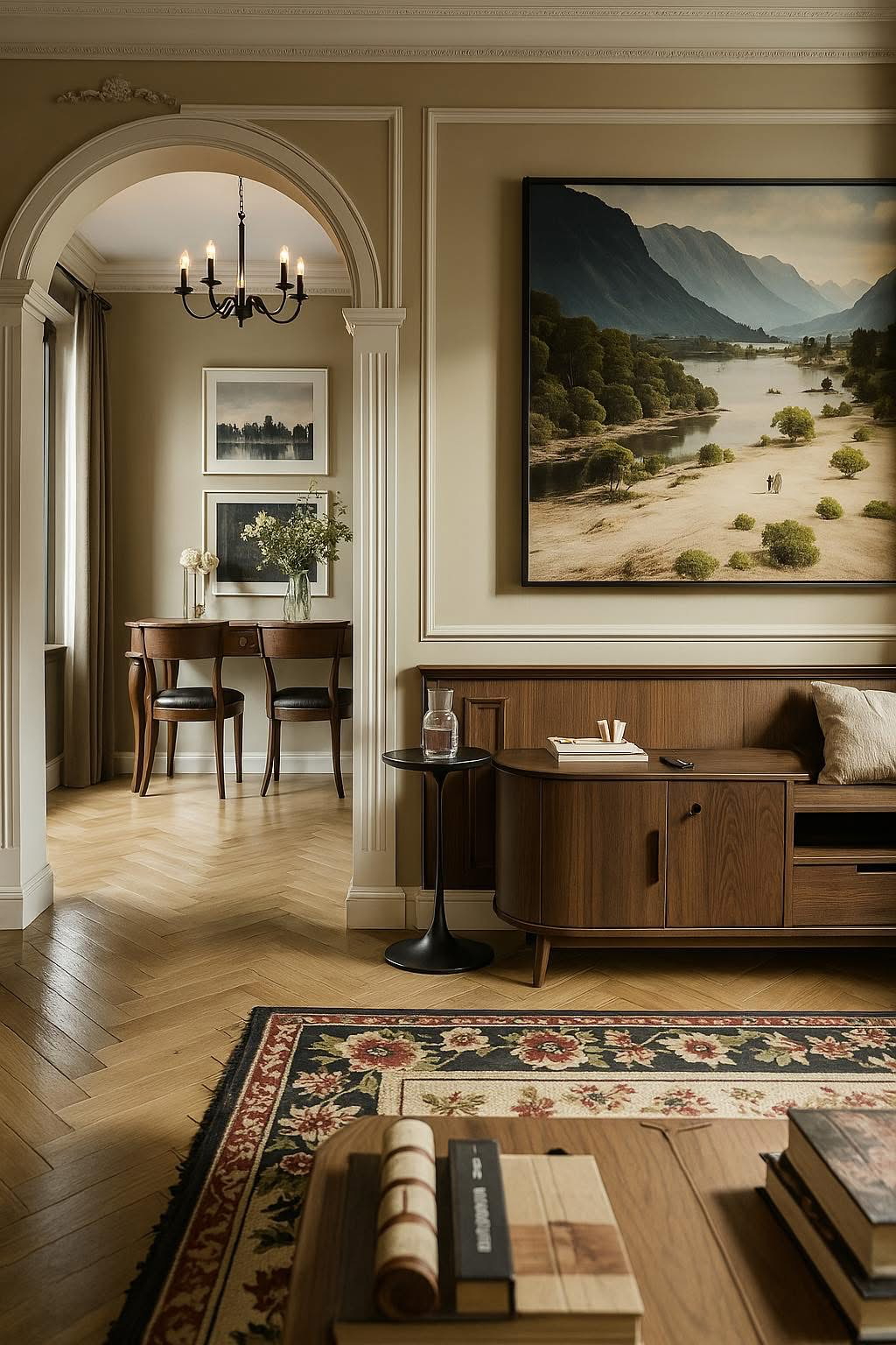 Lối đi lát gỗ mềm mại dẫn vào góc làm việc nhỏ gọn, yên tĩnh, nổi bật với tranh tường nghệ thuật và phong cách thiết kế bán cổ điển. Lối đi lát gỗ mềm mại dẫn vào góc làm việc nhỏ gọn, yên tĩnh, nổi bật với tranh tường nghệ thuật và phong cách thiết kế bán cổ điển.