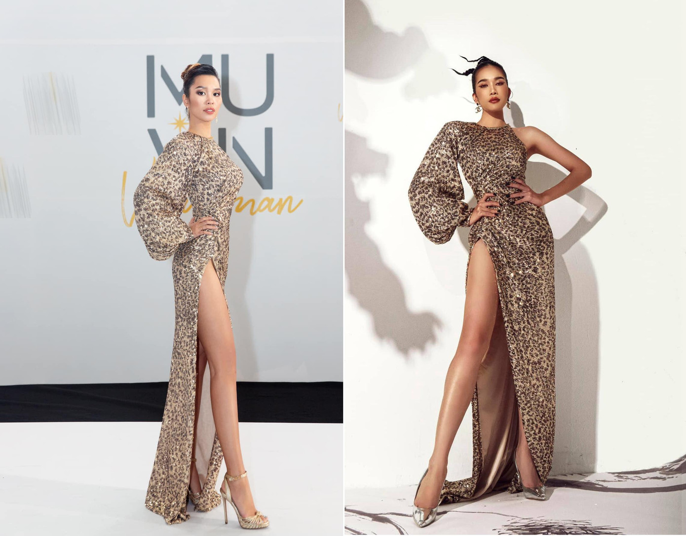 Hà Anh cũng mặc lại bộ váy xẻ cao có họa tiết da báo quyến rũ mà Á hậu Phương Anh từng mặc.