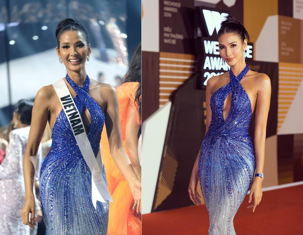 Hoàng Thuỳ từng mang đến sân khấu Miss Universe 2019 một bộ váy dạ hội tông màu xanh cực kỳ đẹp mắt, tuy nhiên cô đã không có cơ hội trình diễn vì dừng chân sớm trong đêm chung kết. Sau này, người đẹp đã mặc lại thiết kế ấn tượng này đến một lễ trao giải ở trong nước.