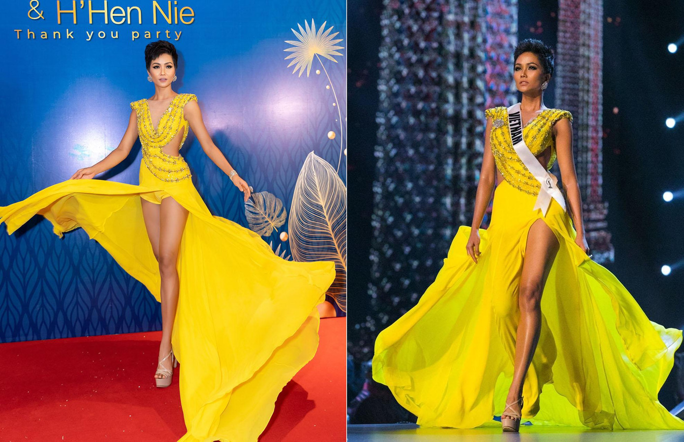 Vào năm 2018, ở buổi tiệc cảm ơn sau khi lập thành tích lọt top 5 Miss Universe, H'Hen Niê cũng từng mặc lại bộ váy dạ hội màu vàng từng 'gây bão' trong đêm bán kết Miss Universe 2018 với cú xoay váy 'đỉnh của chóp'.