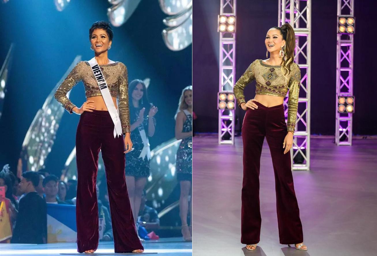 Mới đây, Hoa hậu H'Hen Niê mặc lại bộ trang phục mà cô từng diện trong phần đồng diễn mở màn của đêm chung kết Miss Universe 2018 ở Thái Lan. Trong đêm chung kết này, H'hen Niê là người đẹp duy nhất mặc quần, tuy nhiên cô vẫn nổi bật bởi chiếc áo đính kết cầu kỳ, lạ mắt.