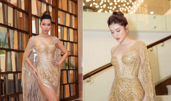 Thời gian gần đây, Hà Anh cũng liên tục 'đụng hàng' váy áo với các đàn em. Cô mặc lại váy dạ hội dát vàng sexy của Á hậu Huyền My.