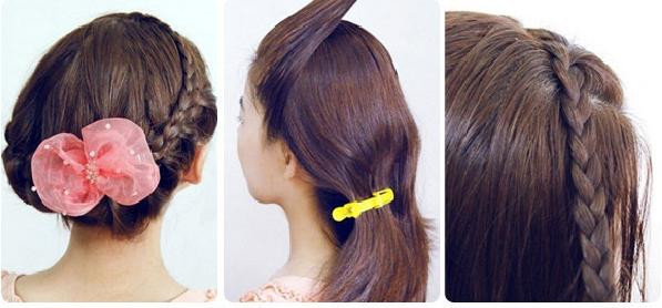 Lấy một lọn tóc nhỏ bên má trái, hất sang bên phải và tết. Phần tóc phía sau, bạn tết chân rết từ phải sang trái. Sau đó giấy đuôi tóc vào bên trong. Lấy lọn tóc nhỏ đầu tiền vòng theo đường tết tóc và cố định lại. Cuối cùng là dùng nơ để trang trí thêm cho mái tóc.