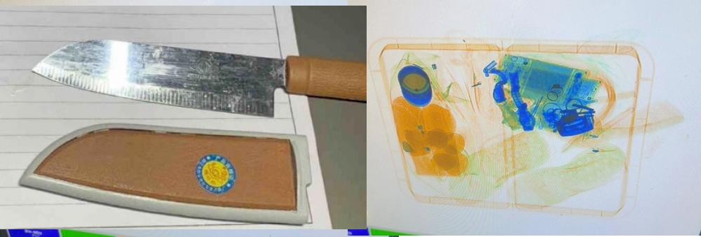 Con dao gọt hoa quả của khách bị thu giữ và hình ảnh soi chiếu tia X hành lý xách tay của hành khách Ngọc Ng. Con dao gọt hoa quả của khách bị thu giữ và hình ảnh soi chiếu tia X hành lý xách tay của hành khách Ngọc Ng.