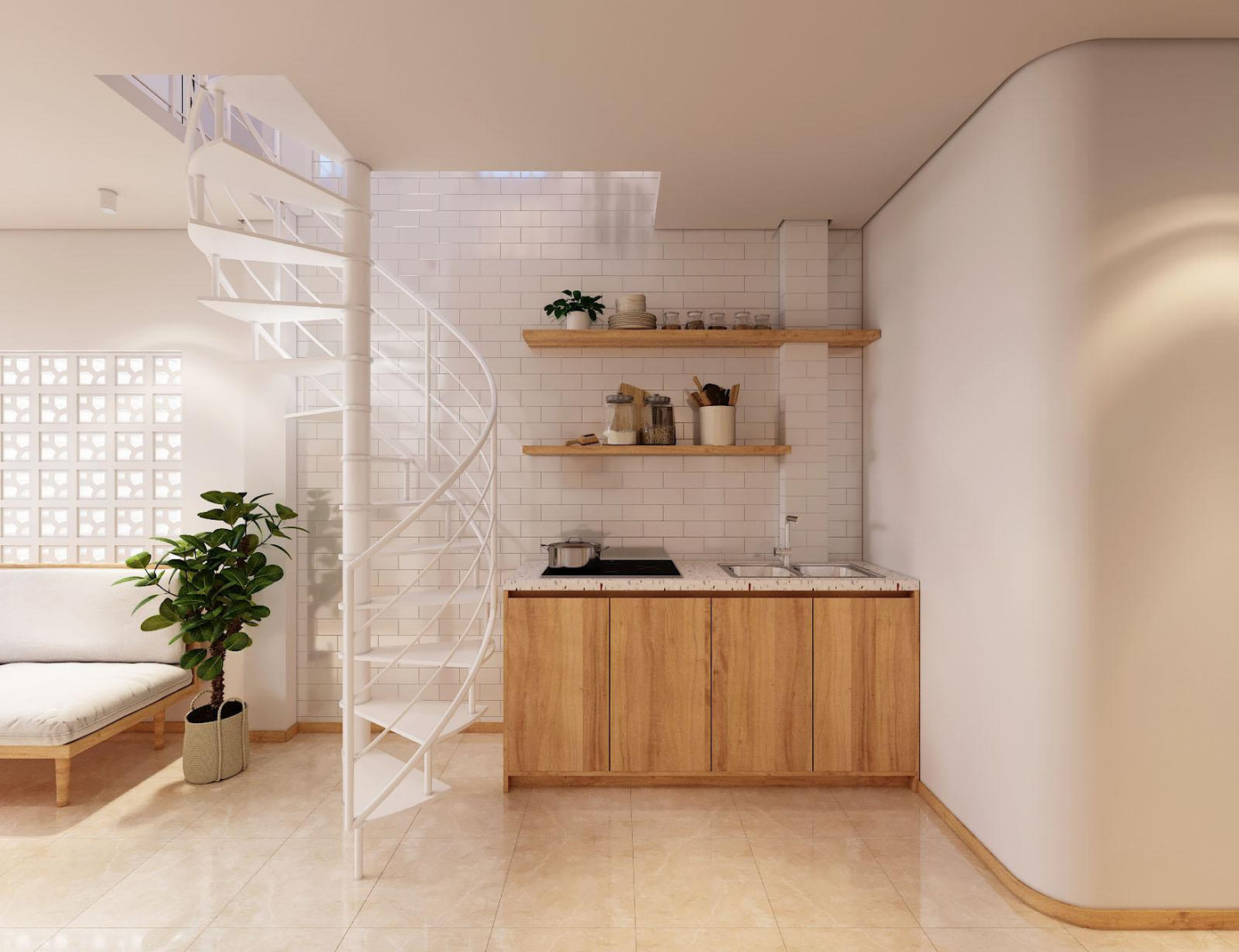 Qua khảo sát hiện trạng và kiểm tra ngôi nhà, cũng như trao đổi với chủ nhà, Văn Cảnh đã bắt đầu lên những phương án đầu tiên. KTS này cho biết, vấn đề nan giải nhất của những ngôi nhà chật hẹp là không gian và lối đi của cầu thang. Do đó, giải pháp mà KTS này đưa ra cho chủ nhà là chuyển đổi từ cầu thang thẳng ngắn dốc có phần khó di chuyển, sang cầu thang cong uốn lượn, đây là giải pháp hợp về thẩm mỹ cũng như giúp cho không gian chật hẹp trở nên nhẹ nhàng và không còn cảm giác khó đi nữa.