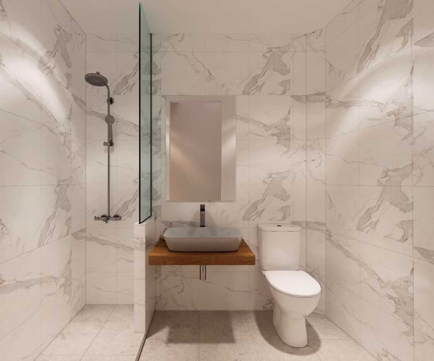 Ở mặt bằng bố trí không gian, Văn Cảnh mở rộng khu WC, bằng việc có thêm khu tắm đứng. Do đó, tuy WC có diện tích không quá lớn nhưng cũng được phân chia 2 phần khô và ướt rõ ràng, điều này làm cho không gian sân sau không bị ướt quá nhiều.