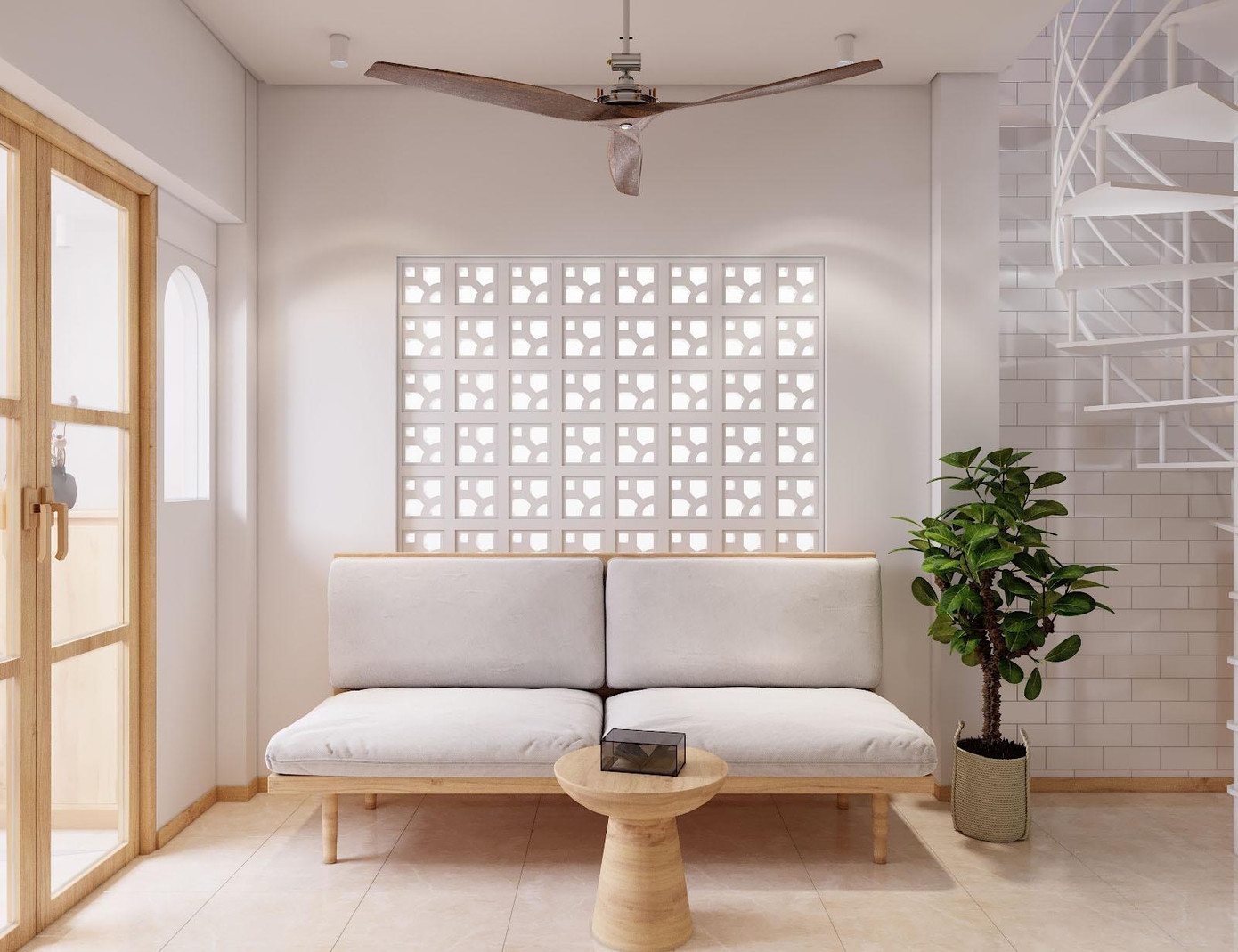 Ở phòng khách, do gia chủ mong muốn làm như 1 phòng khách bình thường, nên KTS đã đập khoảng tường trống phía sau sofa để làm ô thông gió, nhằm làm cho ngôi nhà được thông thoáng và có nét thẩm mỹ.