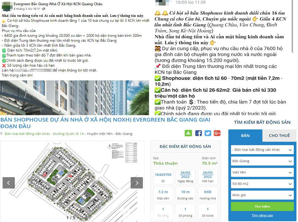 Thông tin rao bán shophouse dự án NƠXH Evergreen Bắc Giang và số tiền ngoài cả tỷ đồng xuất hiện tràn lan trên mạng xã hội và website bất động sản, mặc dù dự án chưa đủ điều kiện mua bán.