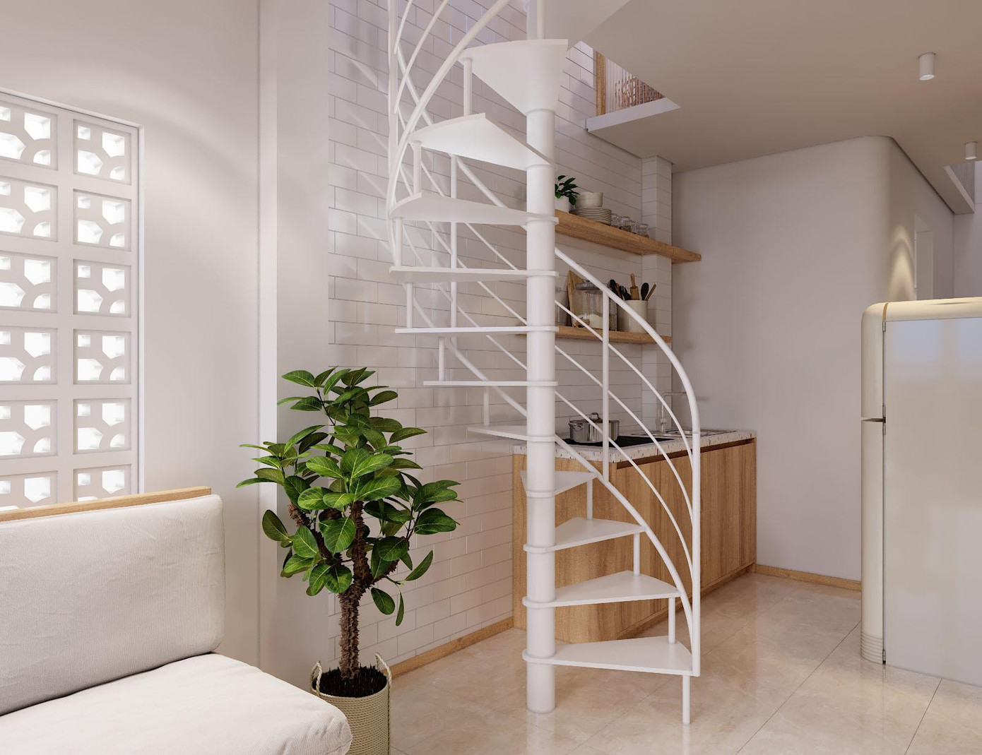 Qua khảo sát hiện trạng và kiểm tra ngôi nhà, cũng như trao đổi với chủ nhà, Văn Cảnh đã bắt đầu lên những phương án đầu tiên. KTS này cho biết, vấn đề nan giải nhất của những ngôi nhà chật hẹp là không gian và lối đi của cầu thang. Do đó, giải pháp mà KTS này đưa ra cho chủ nhà là chuyển đổi từ cầu thang thẳng ngắn dốc có phần khó di chuyển, sang cầu thang cong uốn lượn, đây là giải pháp hợp về thẩm mỹ cũng như giúp cho không gian chật hẹp trở nên nhẹ nhàng và không còn cảm giác khó đi nữa.