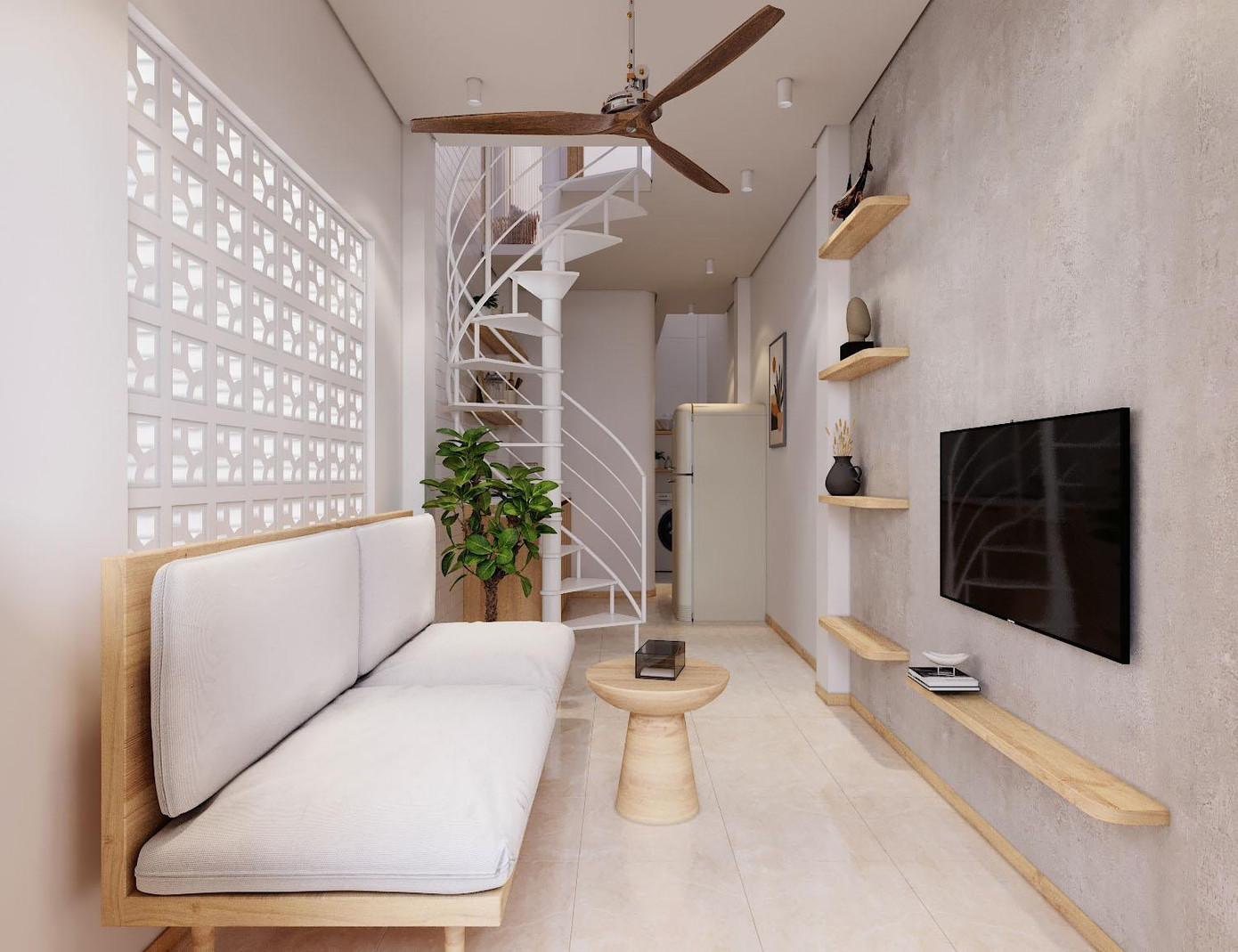 Qua khảo sát hiện trạng và kiểm tra ngôi nhà, cũng như trao đổi với chủ nhà, Văn Cảnh đã bắt đầu lên những phương án đầu tiên. KTS này cho biết, vấn đề nan giải nhất của những ngôi nhà chật hẹp là không gian và lối đi của cầu thang. Do đó, giải pháp mà KTS này đưa ra cho chủ nhà là chuyển đổi từ cầu thang thẳng ngắn dốc có phần khó di chuyển, sang cầu thang cong uốn lượn, đây là giải pháp hợp về thẩm mỹ cũng như giúp cho không gian chật hẹp trở nên nhẹ nhàng và không còn cảm giác khó đi nữa.