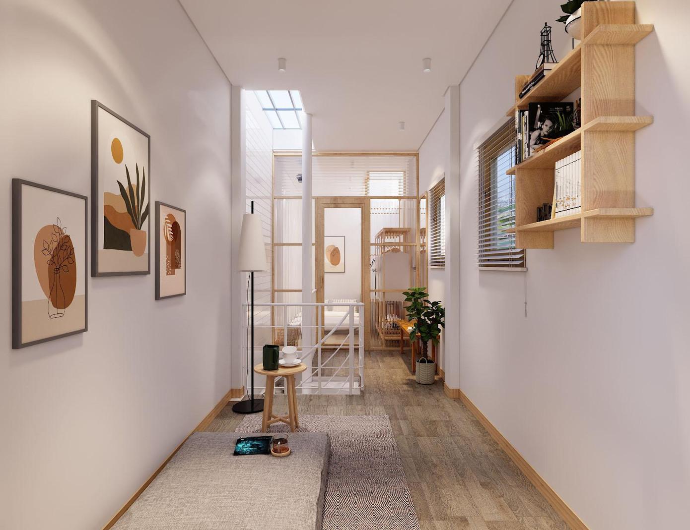 Ở sân sau vì ngôi nhà chật hẹp nên ánh sáng rất ít, do đó KTS đề xuất làm thông tầng và lấy ánh sáng từ mái xuống để cho sân sau và khu giặt đồ được đủ sáng.