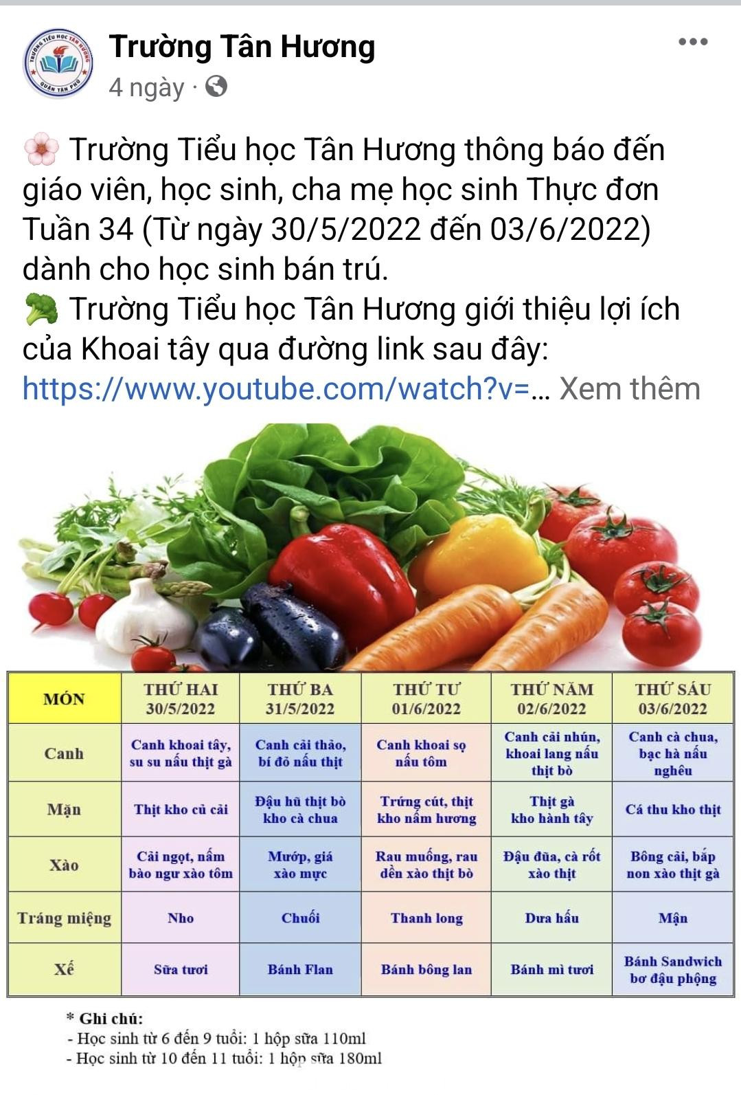 Thực đơn của Trường TH Tân Hương (ảnh trên fanpage của trường) Thực đơn của Trường TH Tân Hương (ảnh trên fanpage của trường)