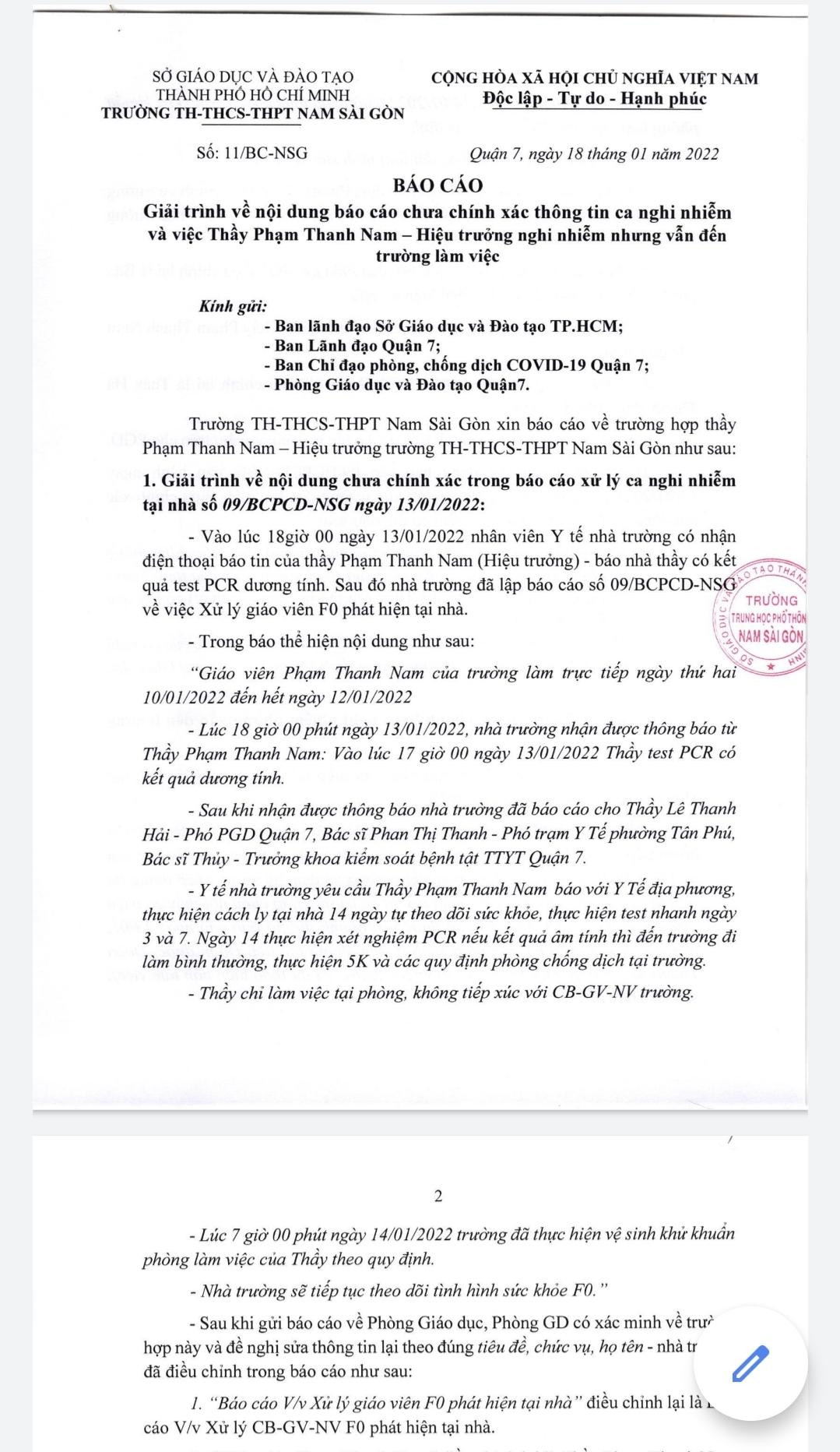 Một phần trong báo cáo của Trường Nam Sài Gòn về hiệu trưởng nghi mắc COVID-19 Một phần trong báo cáo của Trường Nam Sài Gòn về hiệu trưởng nghi mắc COVID-19