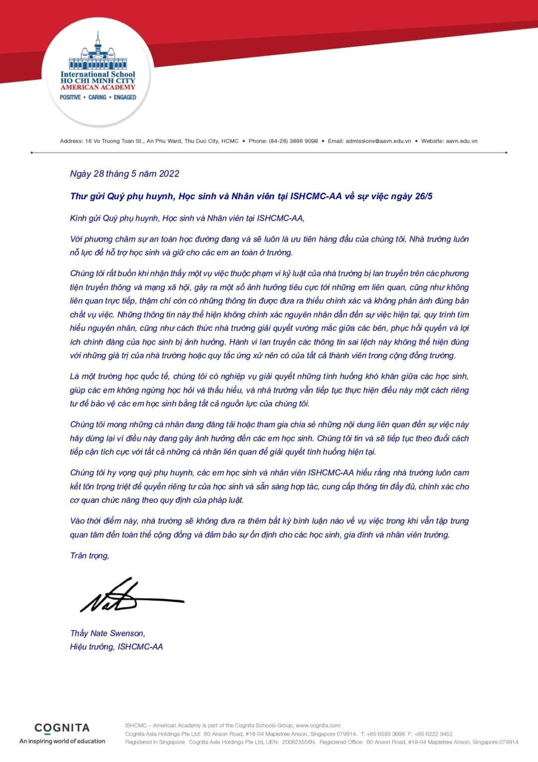Thông báo của trường ISHCMC- AA về vụ việc Thông báo của trường ISHCMC- AA về vụ việc