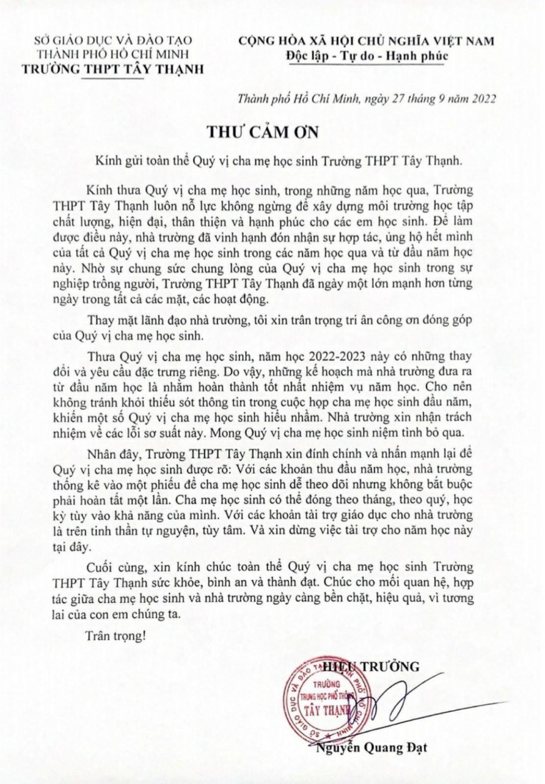 Nội dung thư của Hiệu trưởng Trường THPT Tây Thạnh