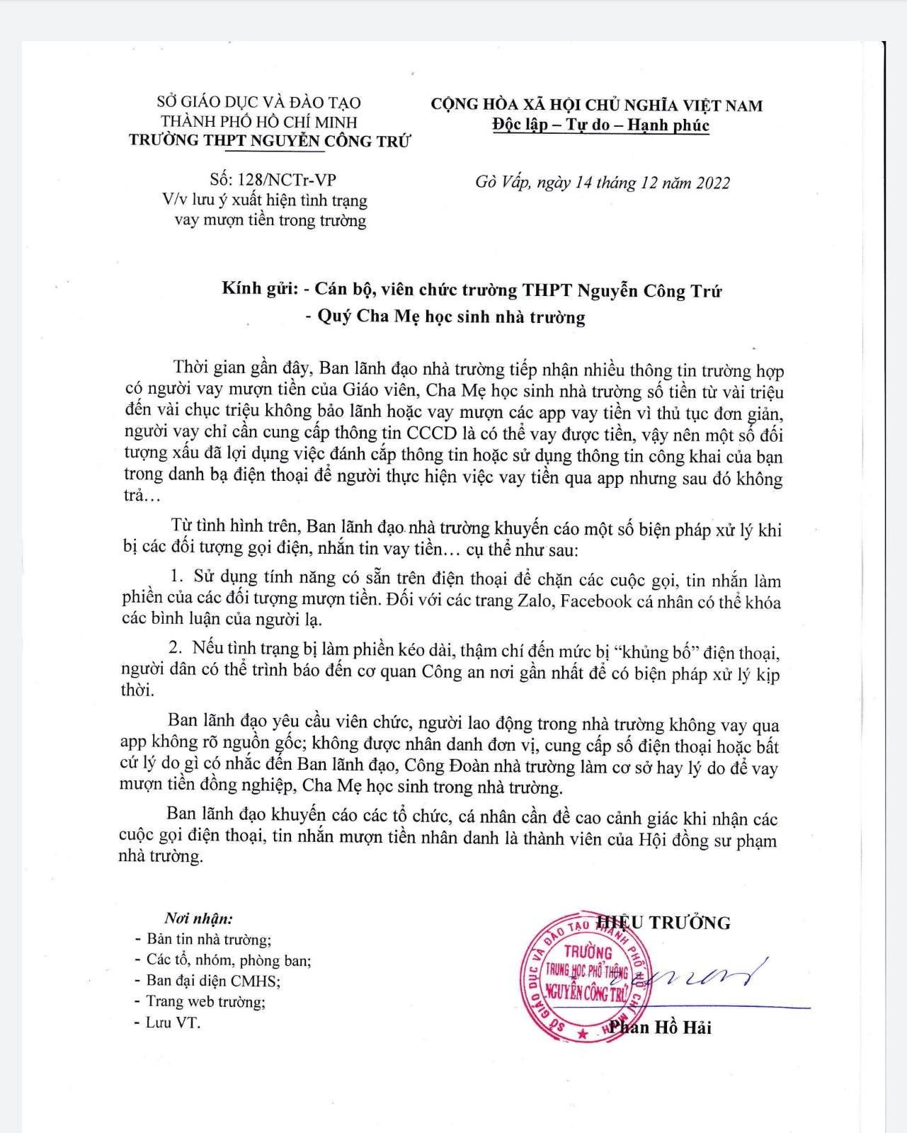 Thông báo cảnh báo của Trường THPT Nguyễn Công Trứ Thông báo cảnh báo của Trường THPT Nguyễn Công Trứ