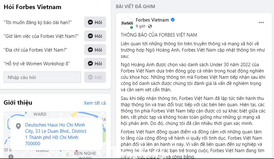 Thông báo của Forbes Việt Nam trên fanpage của mình Thông báo của Forbes Việt Nam trên fanpage của mình