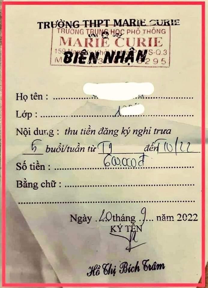 Phiếu thu nghỉ trưa của Trường THPT Marie Curie Phiếu thu nghỉ trưa của Trường THPT Marie Curie