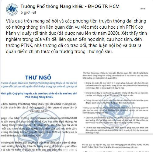 Vì sao Trường Phổ thông Năng khiếu có thư xin lỗi học sinh? ảnh 2
