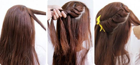 Lấy hai lọn tóc ở bên phải xoắn vào nhau theo hình vòng cung, được một nửa thì dùng kẹp mỏ vịt cố định lại Làm tương tự với phần tóc bên trái. Tháo kẹp mỏ vịt ra và tết hai đuôi tóc lại với nhau. Sau khi tết sau bạn vấn phần đuôi tóc lên chỗ giao nhau của hai lọn tóc và dùng ghim cố định lại. Bạn có thể dùng nơ để che đi phần ghim. Cuối cùng là hất phần tóc thừa sang một bên. Vậy là bạn đã có một kiểu tóc cực nữ tính rồi đấy.