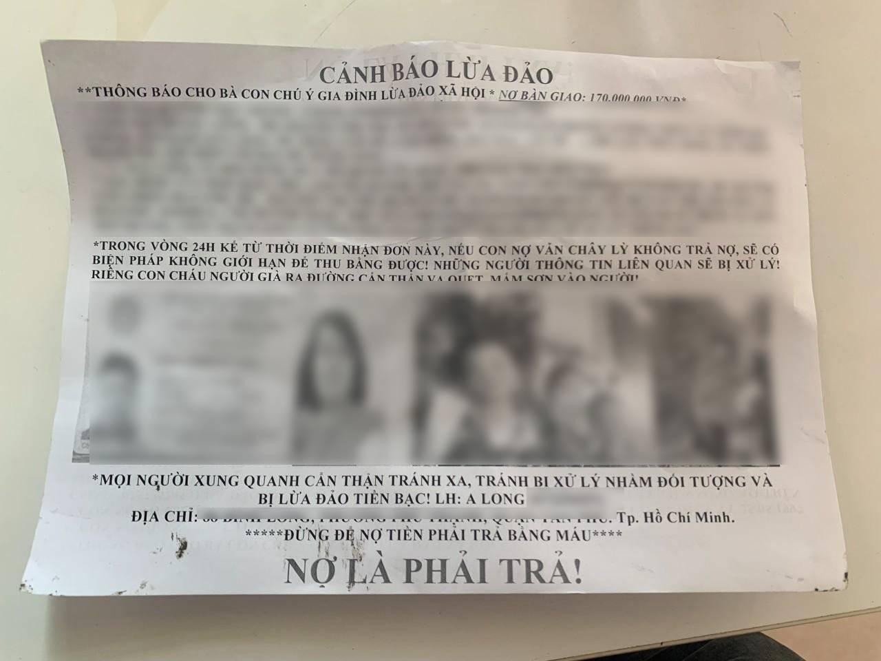 Tờ rơi bôi nhọ danh dự, khủng bố tinh thần con nợ của các đối tượng. Ảnh: Công an cung cấp