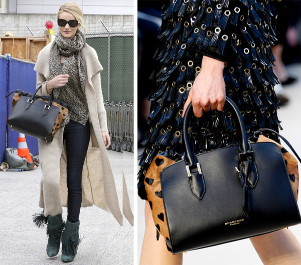 "Bông hồng nước Anh" Rosie Huntington-Whiteley may mắn được sở hữu chiếc túi nằm trong bộ sưu tập Thu Đông 2013/14 của thương hiệu cao cấp Burberry Prorsum trước khi mẫu thiết kế này được trình làng trên sàn catwalk.