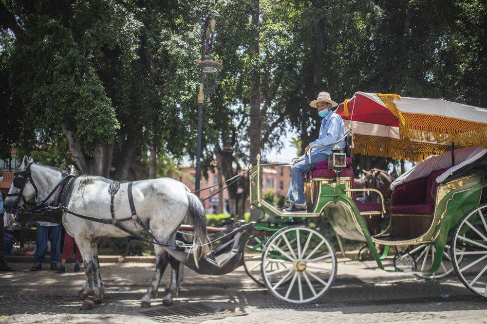 Các xe ngựa ở Marrakech, Morocco gần như không có khách trong đại dịch (Ảnh: AP).