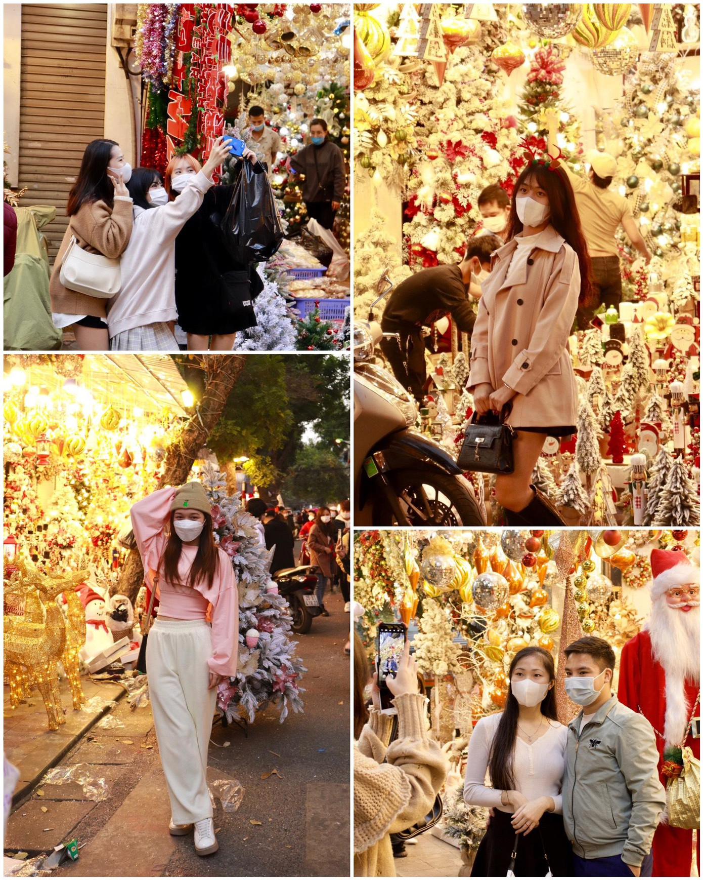 Không chỉ có các bạn nữ diện trang phục xinh xắn hào hứng chụp ảnh, mà các cặp đôi tay trong tay lưu giữ phút giây hạnh phúc vào những ngày cận kề Giáng sinh. Tất cả tạo nên một bức tranh đa màu sắc. Khẩu trang luôn là vật gắn liền với các bạn trẻ để vừa có tấm hình đẹp vừa chấp hành tốt quy định phòng chống dịch của Bộ Y tế.