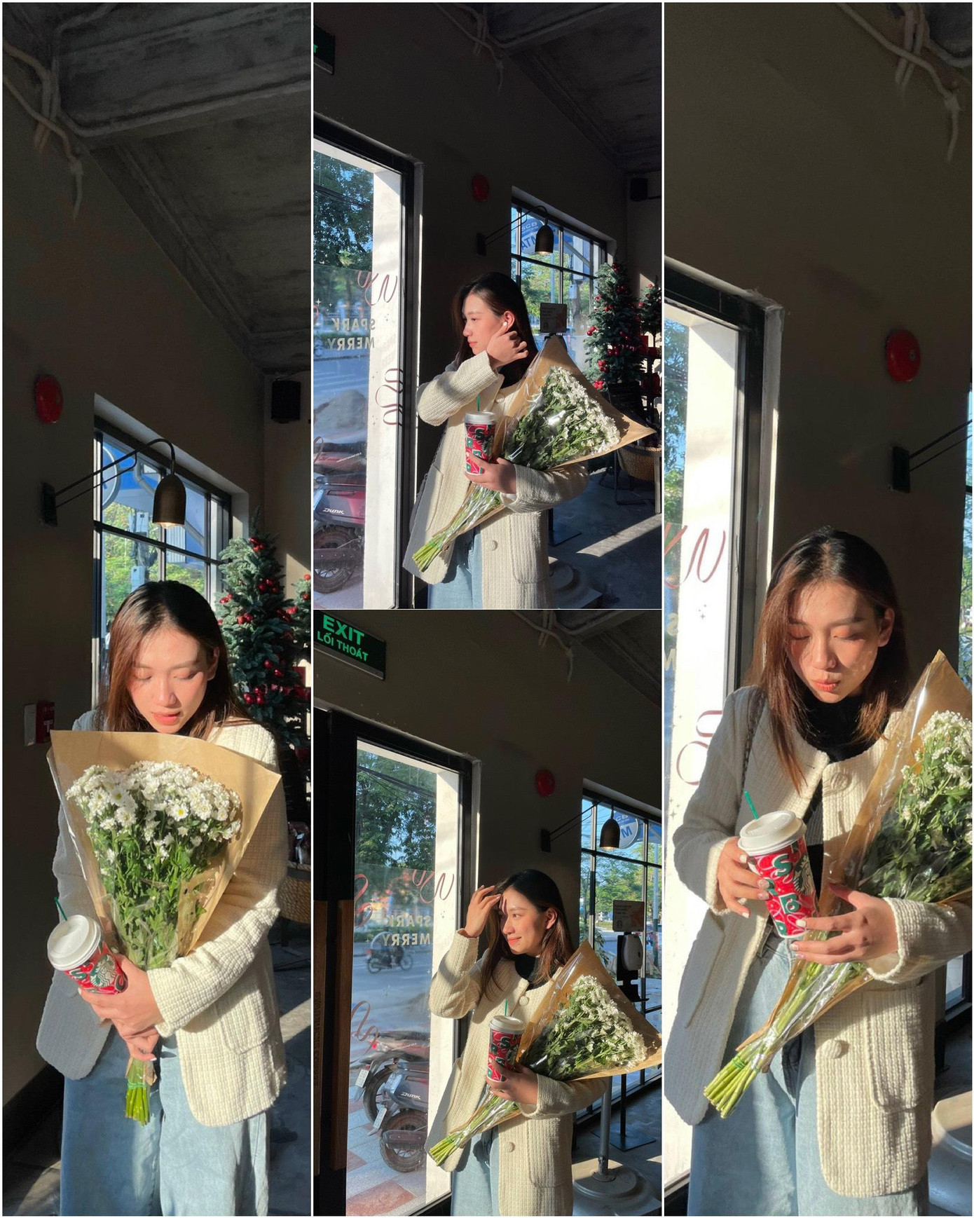 Không cần quá cầu kỳ trong trang phục hay không gian bày trí của quán, Hoàng Hà vẫn gây ấn tượng bởi nét đẹp dịu dàng trong bó cúc trắng và chút nắng vàng nhẹ giữa tháng 12.