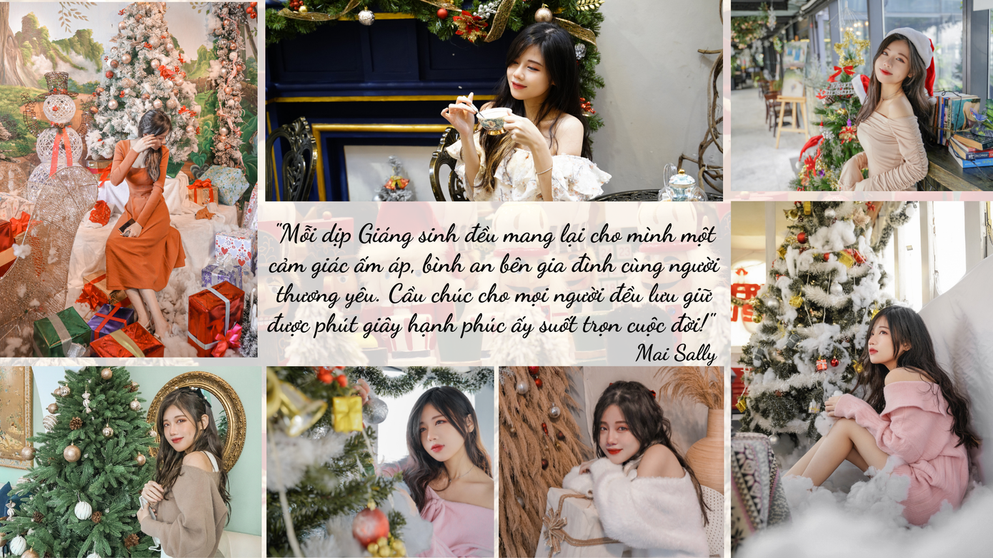 Mai Sally - Nguyễn Quỳnh Mai (SN 1997, Hà Nội) hiện đang làm công việc thiết kế đồ hoạ cùng nghề mẫu ảnh tự do. Cô chia sẻ - “Giáng sinh là ngày lễ mình thích nhất trong năm, tuy cuối năm công việc khá bận rộn nhưng mình vẫn dành ra 1 khoảng thời gian để đi chụp ảnh lưu giữ khoảnh khắc xinh đẹp của tuổi thanh xuân.”