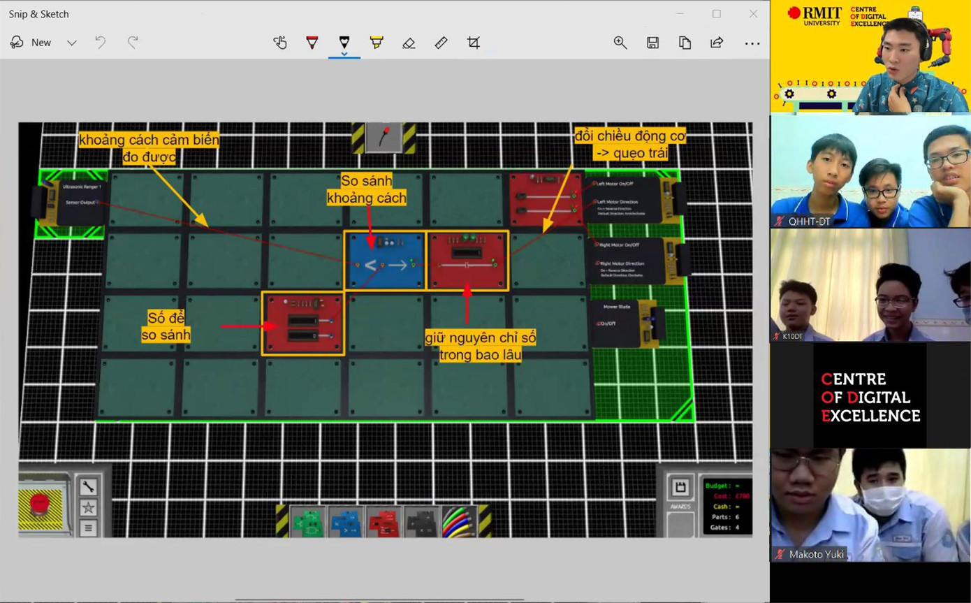 Học sinh trường THPT Đức Trí đang nghiên cứu về các phần của robot thông qua Phòng thực nghiệm từ xa của CODE.