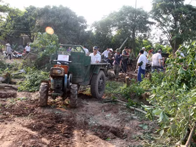 Người dân xã Xuân Quan thu dọn vườn cây cảnh sau vụ cưỡng chế sáng 24/4. Ảnh: Nguyễn Hưng (VnExpress) Người dân xã Xuân Quan thu dọn vườn cây cảnh sau vụ cưỡng chế sáng 24/4