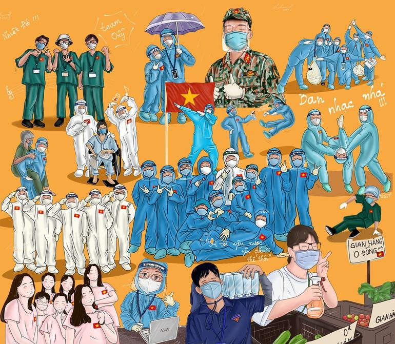 Minh họa hình ảnh những lực lượng chống dịch tuyến đầu (Tranh: Hoa Trang, Thiết kế: Hồng Minh).