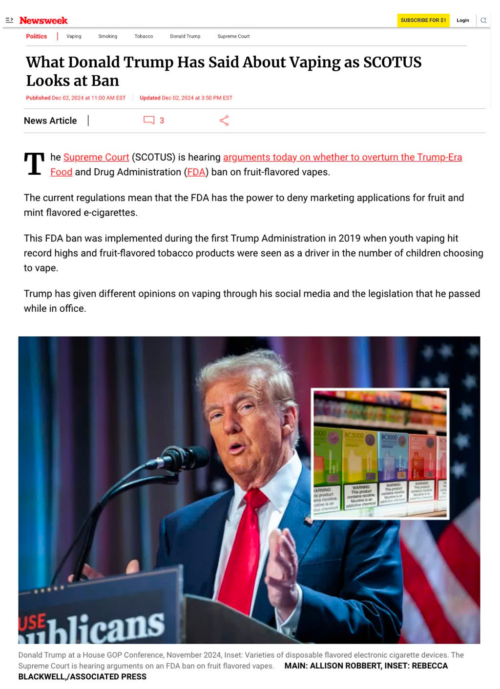 Bài trên báo Newsweek nêu ý kiến của Tổng thống Hoa Kỳ Donald Trump về các sản phẩm không khói thuốc Bài trên báo Newsweek nêu ý kiến của Tổng thống Hoa Kỳ Donald Trump về các sản phẩm không khói thuốc