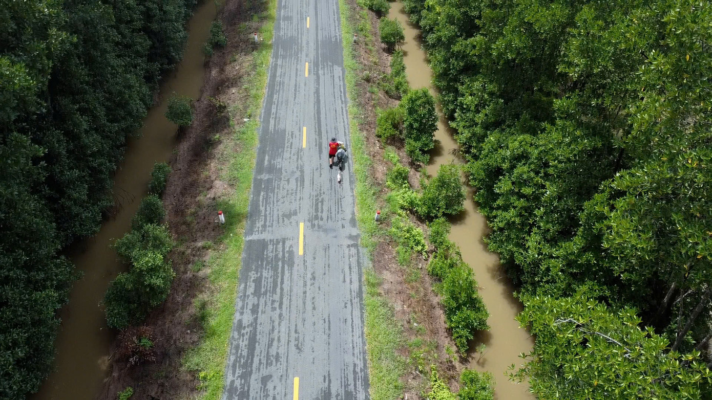 Anh Vinh cùng chú ngỗng đi bộ trên đường Hồ Chí Minh xuyên qua Vườn quốc gia Mũi Cà Mau hướng về đất mũi.