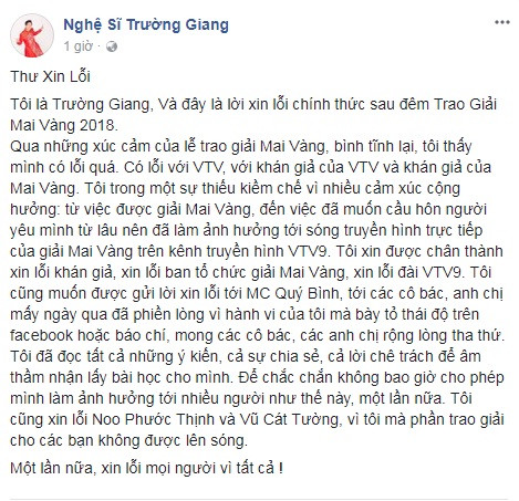 Trường Giang xin lỗi về màn cầu hôn trên truyền hình