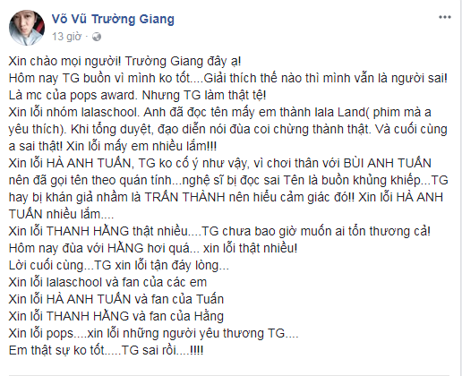 Status Trường Giang công khai xin lỗi