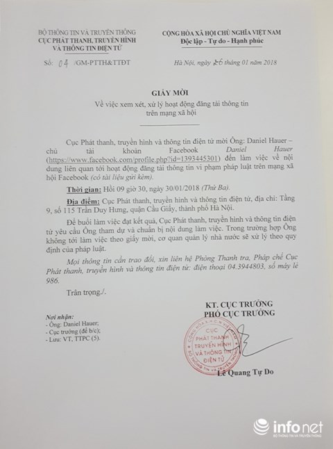 Bộ Thông tin truyền thông mời Daniel Hauer lên làm việc ảnh 1