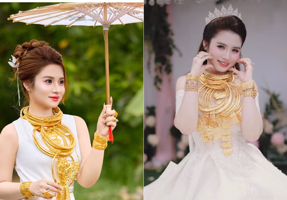 Cô dâu xinh đẹp đeo vàng đầy cổ.