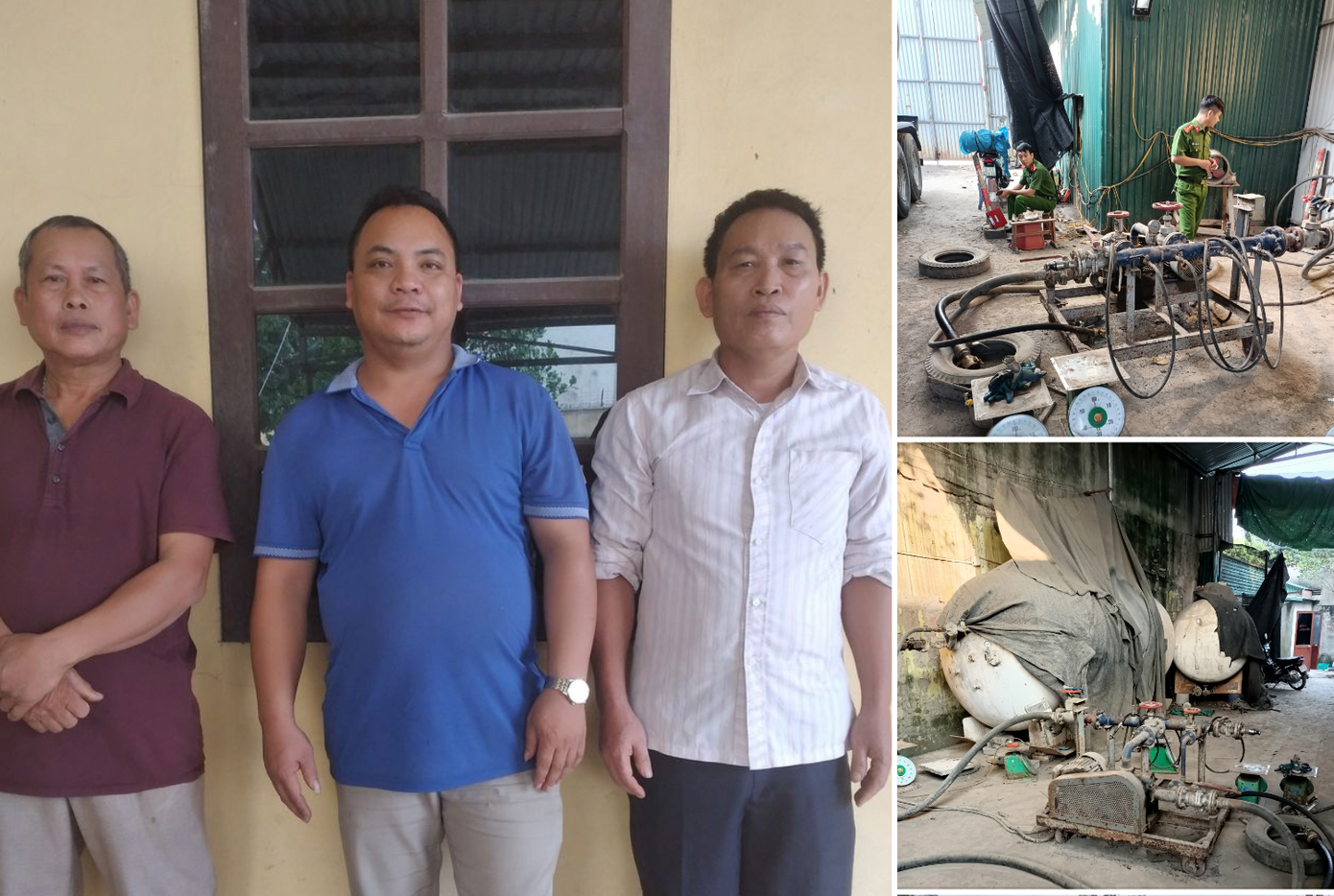 Các đối tượng cùng tang vật liên quan đến việc chiết gas lậu. Các đối tượng cùng tang vật liên quan đến việc chiết gas lậu.