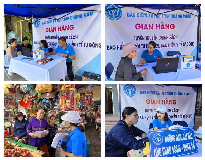 Cán bộ, nhân viên BHXH Quảng Nam tuyên truyền chính sách BHXH, BHYT cho người dân tại chợ.