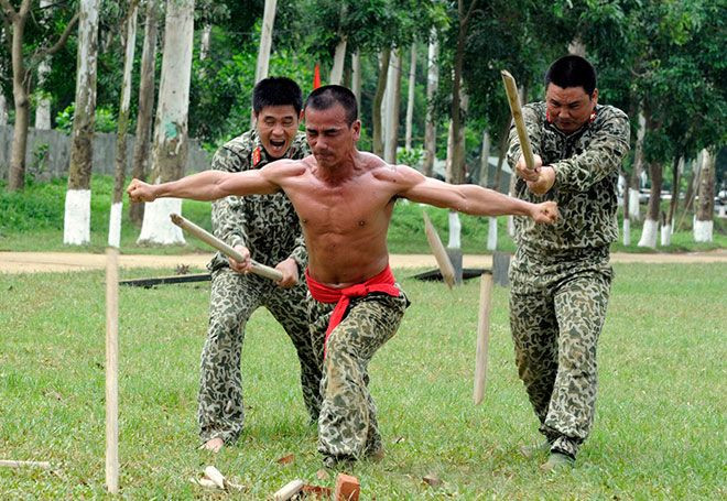 Sau hai cú chặt mạnh bằng gậy thì gỗ có thể gãy chứ cánh tay của đặc công thì không hề chấn thương