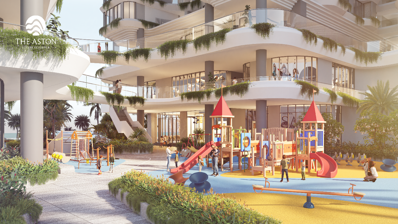 Phối cảnh phố đi bộ trên không và khu vui chơi trẻ em tại The Aston Luxury Residence