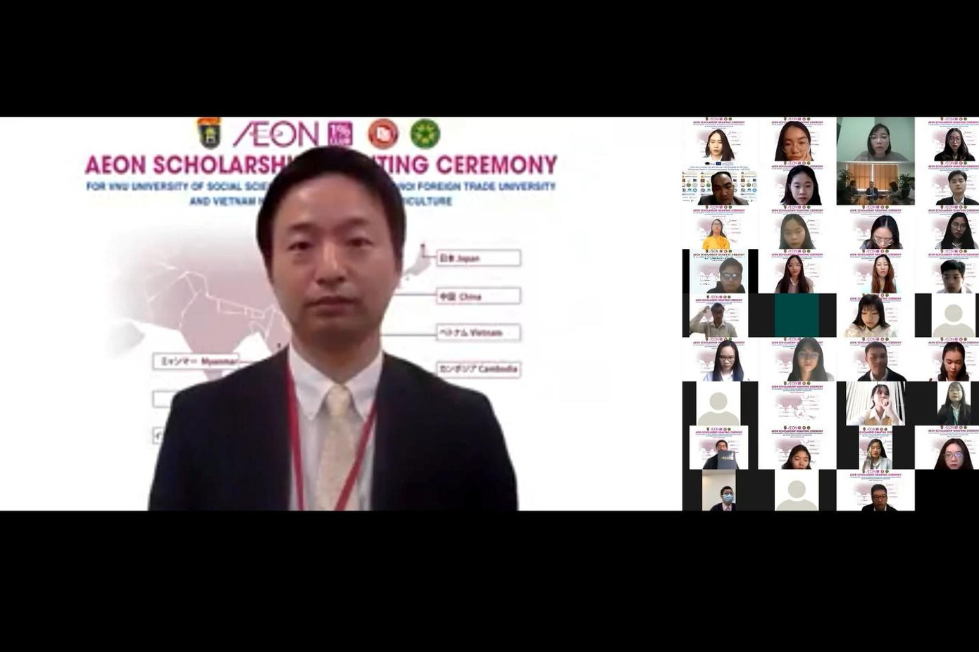 Ông Nagatsuma Hiroyuki - Tổng quản lý cấp cao, Công ty TNHH AEONMALL Việt Nam phát biểu tại buổi Lễ trao chứng nhận “Học bổng AEON”