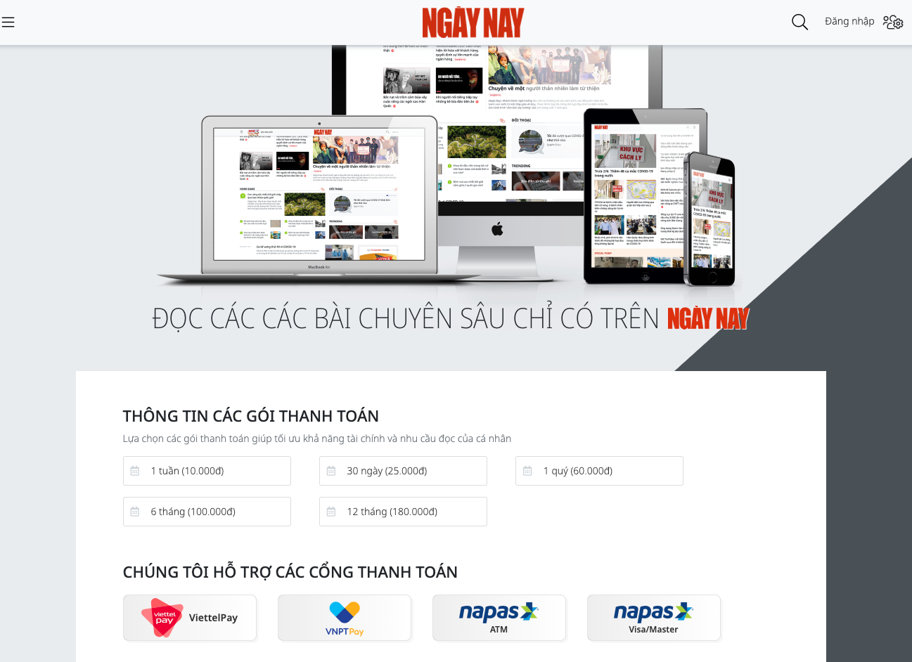 Trang Đăng ký mua gói đọc báo của Ngày Nay (https://ngaynay.vn/account/payment.html) với các cổng thanh toán đa dạng Trang Đăng ký mua gói đọc báo của Ngày Nay (https://ngaynay.vn/account/payment.html) với các cổng thanh toán đa dạng