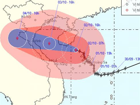 Vị trí và hướng di chuyển của bão số 5 lúc 16h hôm nay.