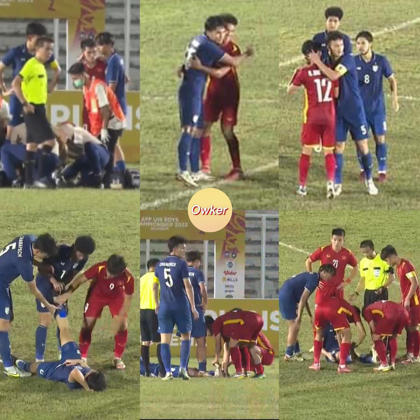 Cầu thủ U19 Việt Nam và U19 Thái Lan giúp nhau chữa chuột rút. Ảnh: Fandom Owker